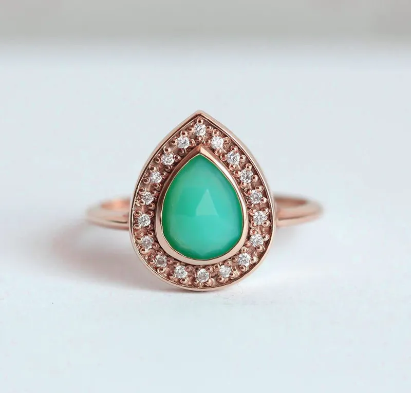Chrysoprase Ring, Halo Diamond Ring vy 5
