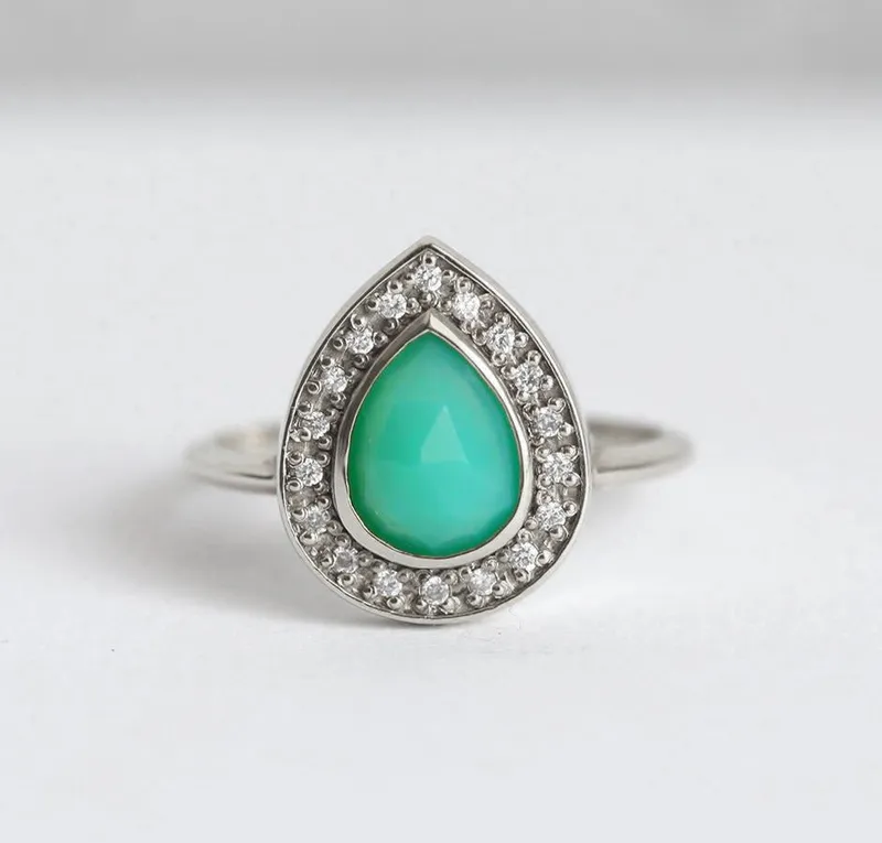Chrysoprase Ring, Halo Diamond Ring vy 6