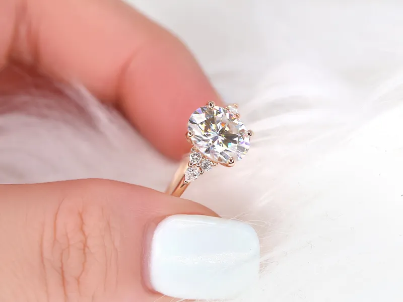 3ct Ready to Ship Cinderella 10x8mm 14kt Rose Gold Forever One Moissanite Diamond Cluster Ring view 8