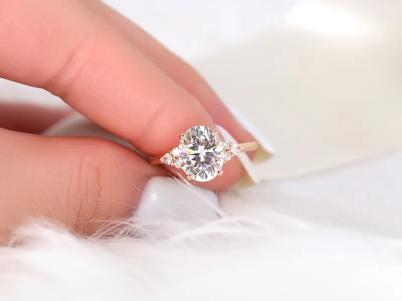 3ct Ready to Ship Cinderella 10x8mm 14kt Rose Gold Forever One Moissanite Diamond Cluster Ring view 9
