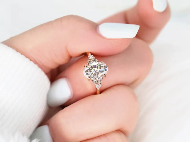 2.50ct Cinderella 10x7mm 14kt Gold Moissanite Diamond Elongated Oval Cluster Ring view 2