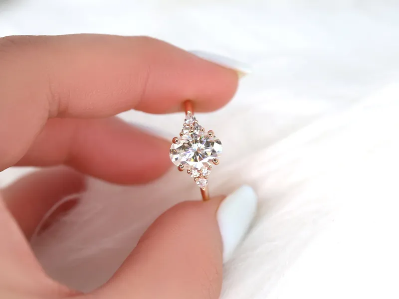 2.50ct Cinderella 10x7mm 14kt Gold Moissanite Diamond Elongated Oval Cluster Ring diamond oval cut engagement ring