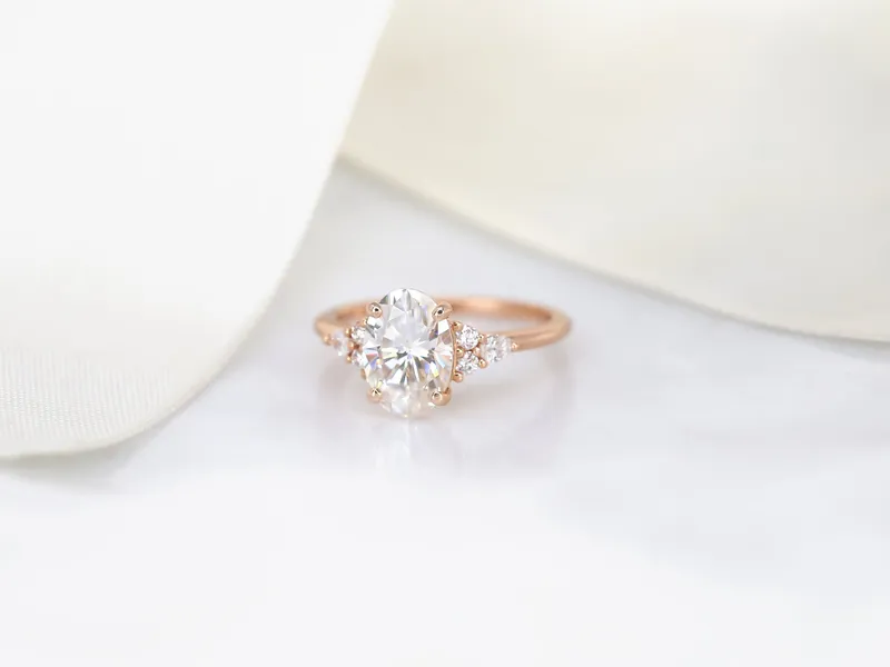 2.50ct Cinderella 10x7mm 14kt Gold Moissanite Diamond Elongated Oval Cluster Ring view 4