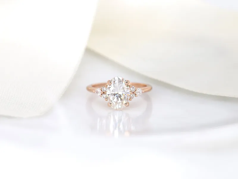 2.50ct Cinderella 10x7mm 14kt Gold Moissanite Diamond Elongated Oval Cluster Ring view 3