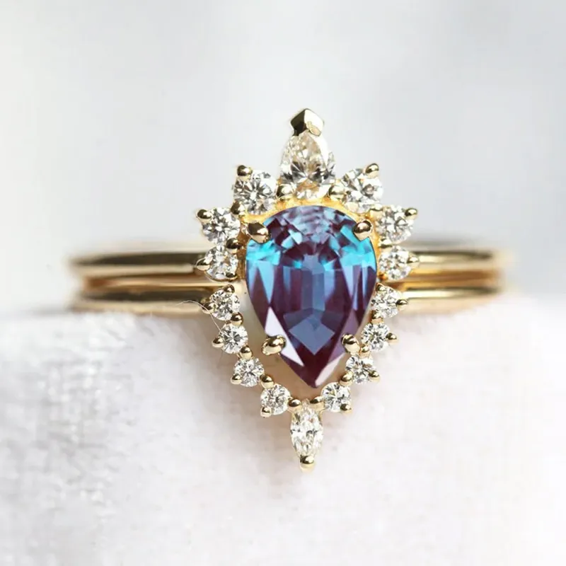 Corinne Pear Alexandrite Ring Set pear cut engagement ring
