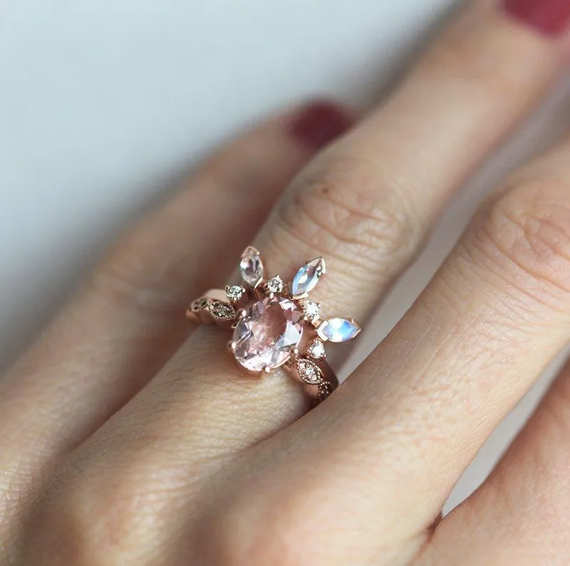 Crown Ring With Marquise Moonstones & Round Diamonds view 2
