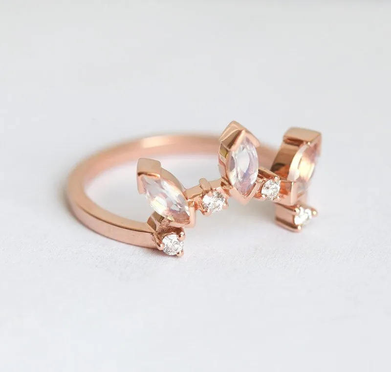 Crown Ring With Marquise Moonstones & Round Diamonds view 3