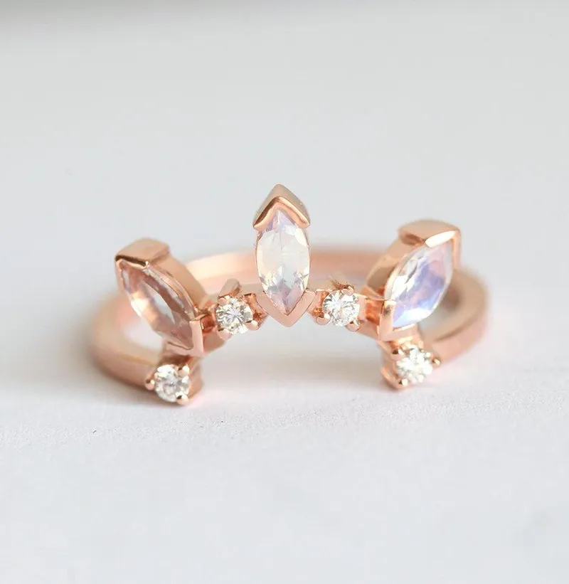 Crown Ring With Marquise Moonstones & Round Diamonds view 4