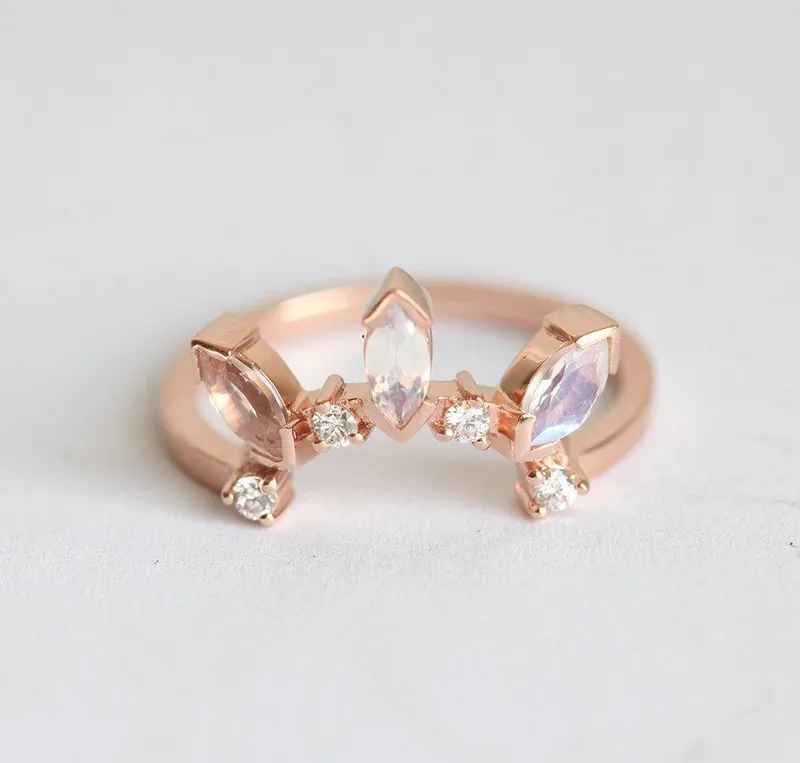 Crown Ring With Marquise Moonstones & Round Diamonds view 5
