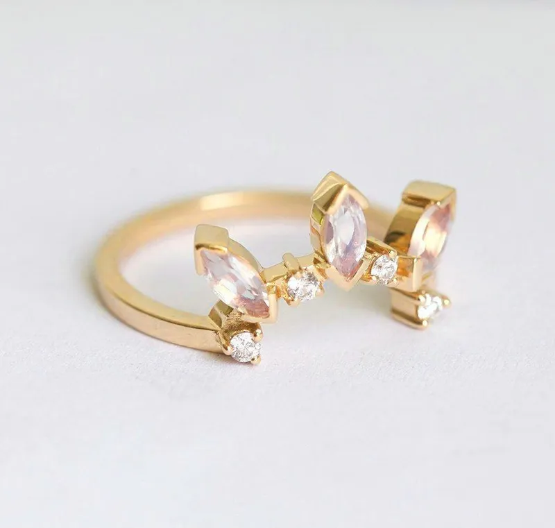 Crown Ring With Marquise Moonstones & Round Diamonds view 6