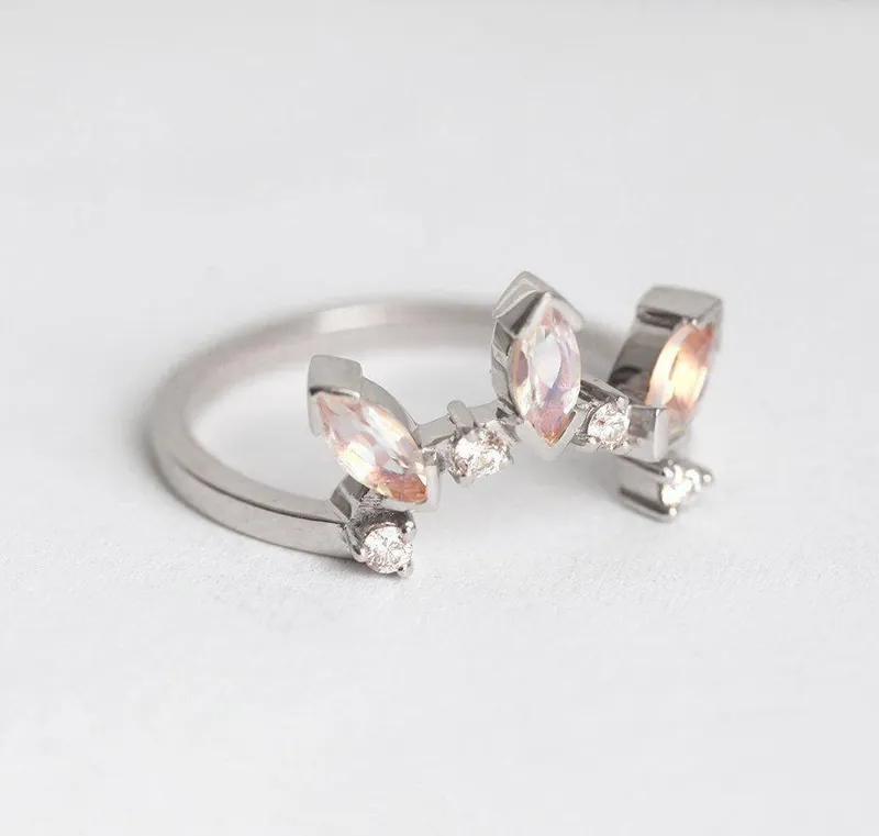 Crown Ring With Marquise Moonstones & Round Diamonds view 7
