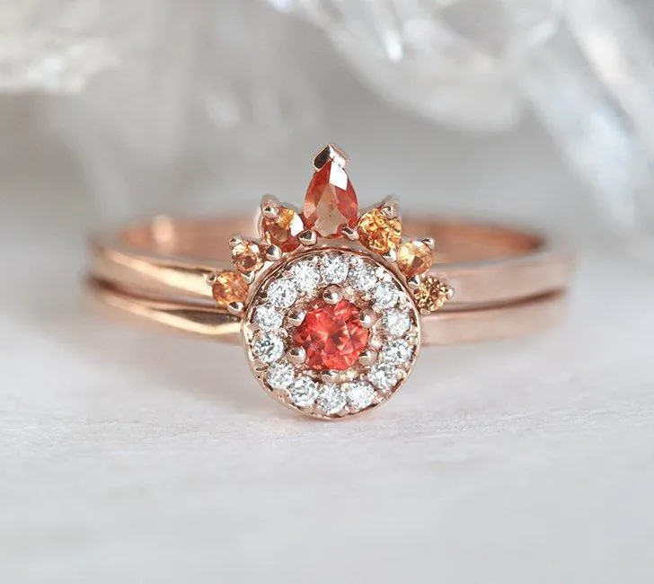 Crown Wedding Band With Orange Sapphires view 2