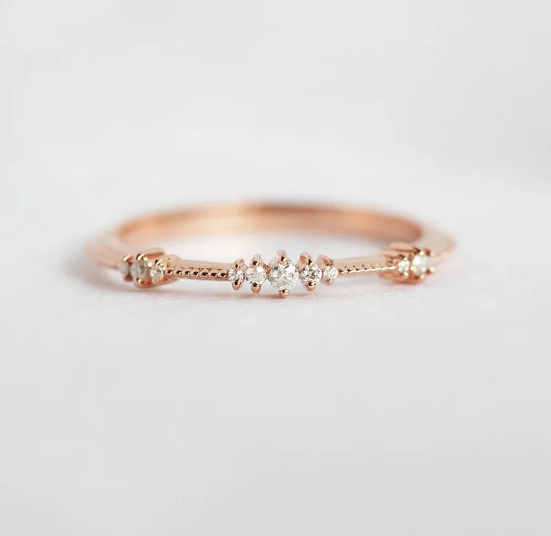 DIAMOND WEDDING BAND, DELICATE ROSE GOLD DIAMOND WEDDING RING, CLUSTERED DIAMOND RING view 4