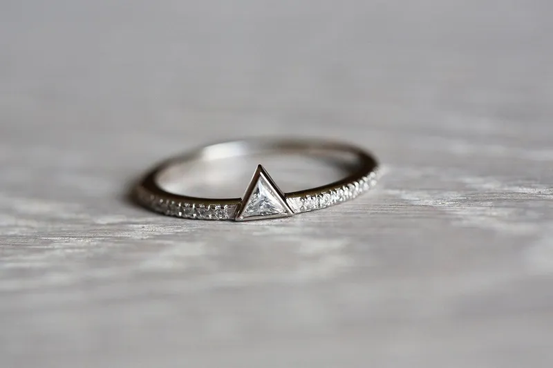 DAINTY TRIANGLE CUT DIAMOND RING WITH DIAMOND PAVE BAND view 2