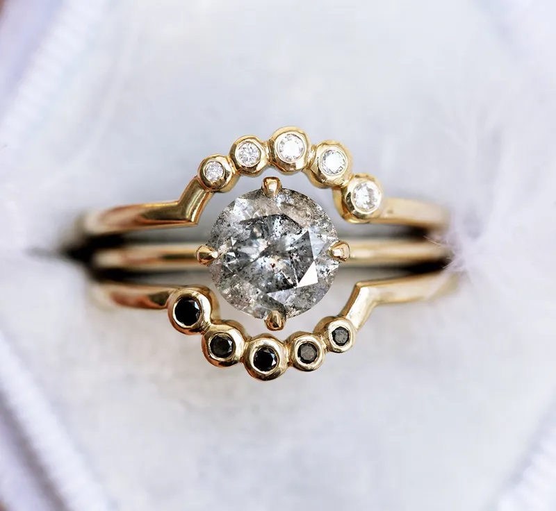 Danielle Galaxy Salt & Pepper Diamond Ring Set round cut engagement ring