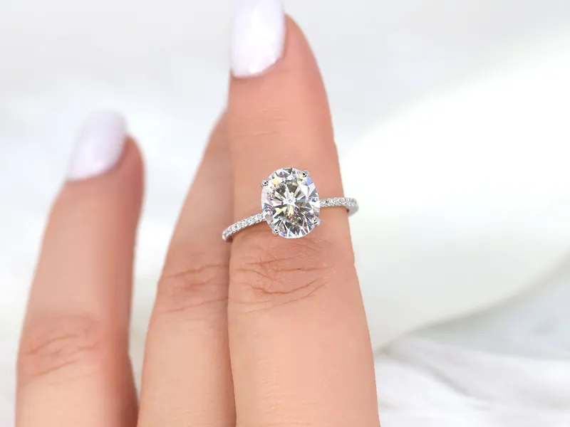 3ct Darcy 10x8mm 14kt Gold Moissanite Diamond Ultra Dainty Pave Oval Solitaire Ring vy 4