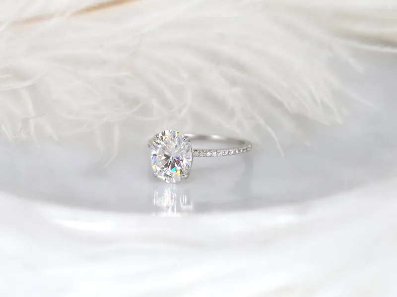 3ct Darcy 10x8mm 14kt Gold Moissanite Diamond Ultra Dainty Pave Oval Solitaire Ring vy 7