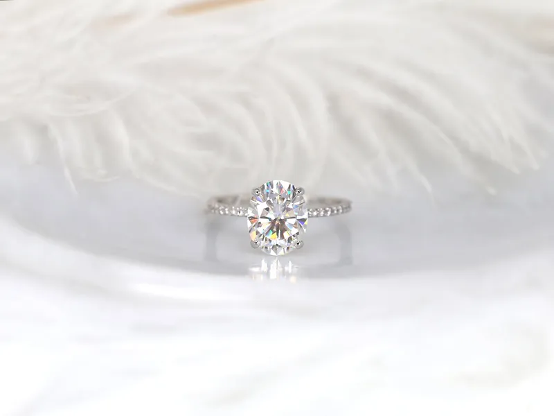 3ct Darcy 10x8mm 14kt Gold Moissanite Diamond Ultra Dainty Pave Oval Solitaire Ring vy 6
