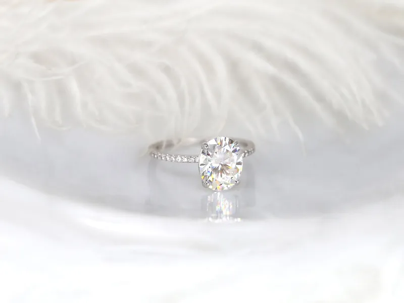 3ct Darcy 10x8mm 14kt Gold Moissanite Diamond Ultra Dainty Pave Oval Solitaire Ring vy 5