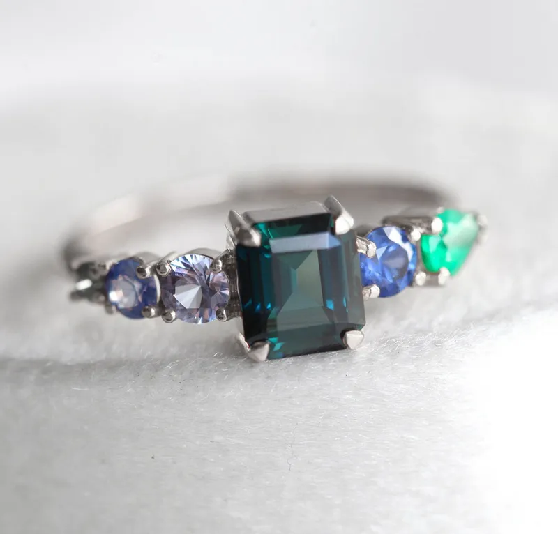 Darius Teal Sapphire Emeralds Sapphire Cluster Ring view 10