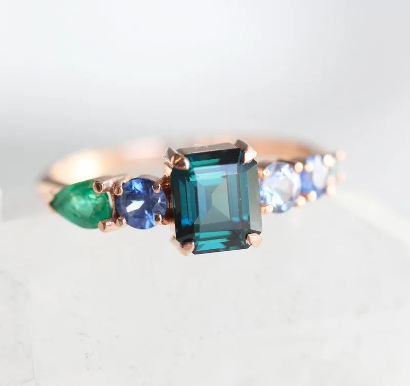 Darius Teal Sapphire Emeralds Sapphire Cluster Ring view 2