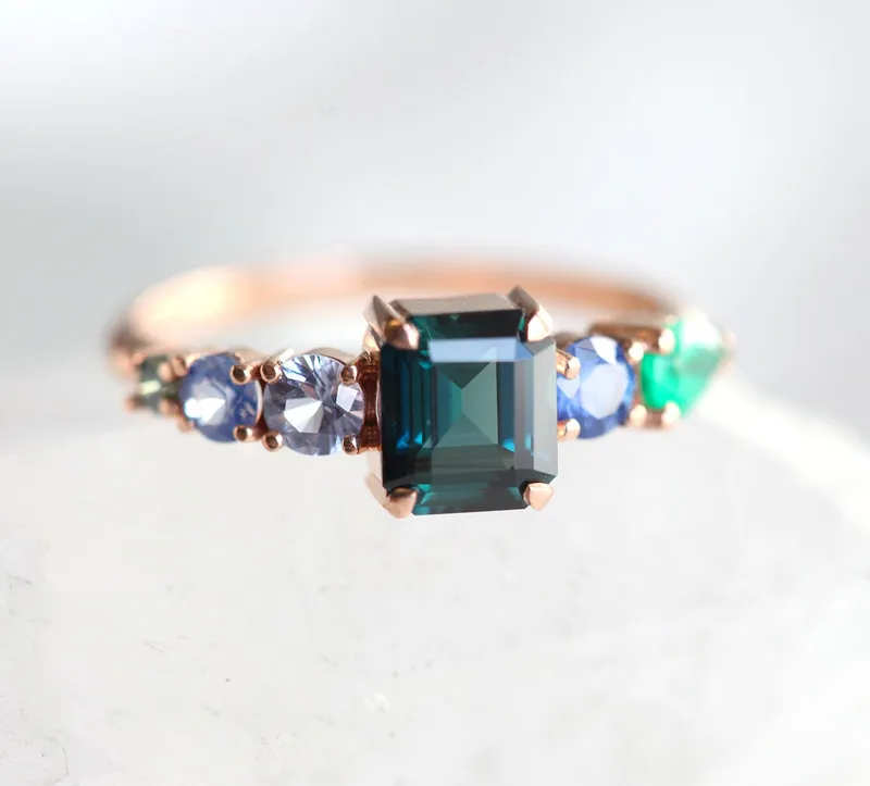 Darius Teal Sapphire Emeralds Sapphire Cluster Ring view 3