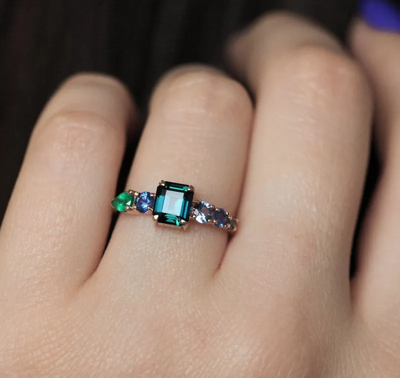 Darius Teal Sapphire Emeralds Sapphire Cluster Ring view 4