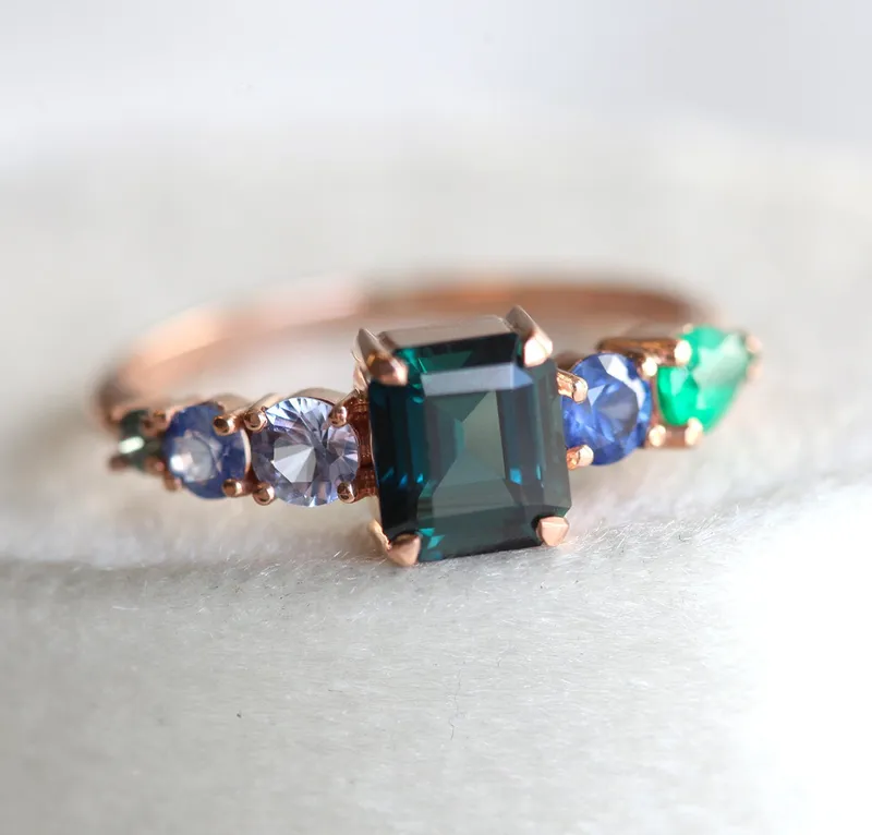 Darius Teal Sapphire Emeralds Sapphire Cluster Ring view 5