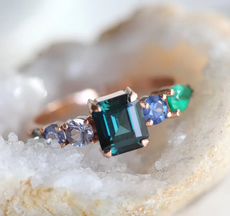 Darius Teal Sapphire Emeralds Sapphire Cluster Ring view 6