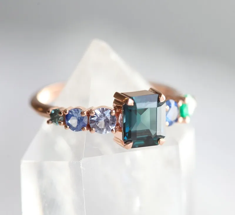 Darius Teal Sapphire Emeralds Sapphire Cluster Ring view 7