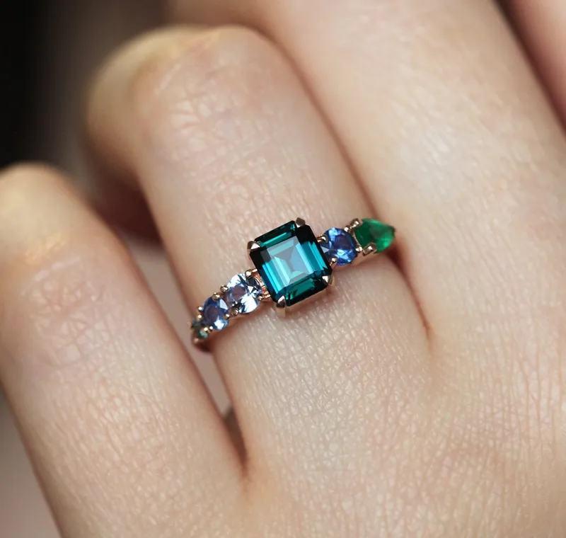 Darius Teal Sapphire Emeralds Sapphire Cluster Ring view 8