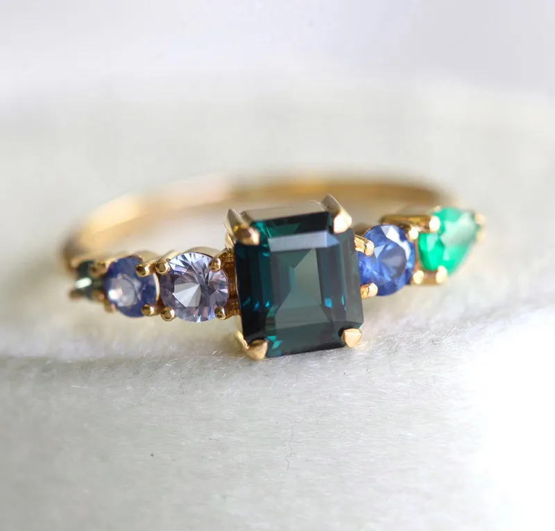 Darius Teal Sapphire Emeralds Sapphire Cluster Ring view 9