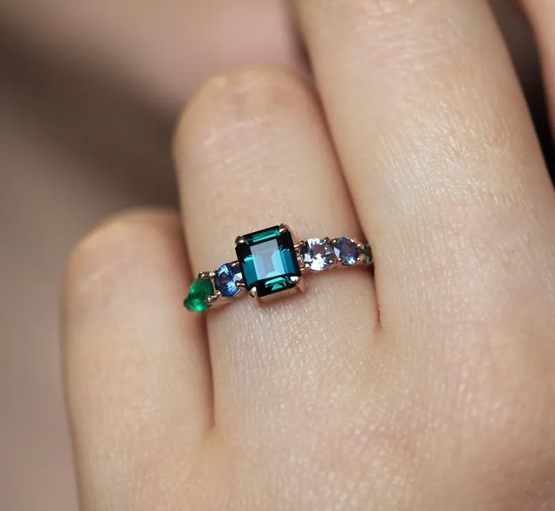 Darius Teal Sapphire Emeralds Sapphire Cluster Ring sapphire emerald cut engagement ring