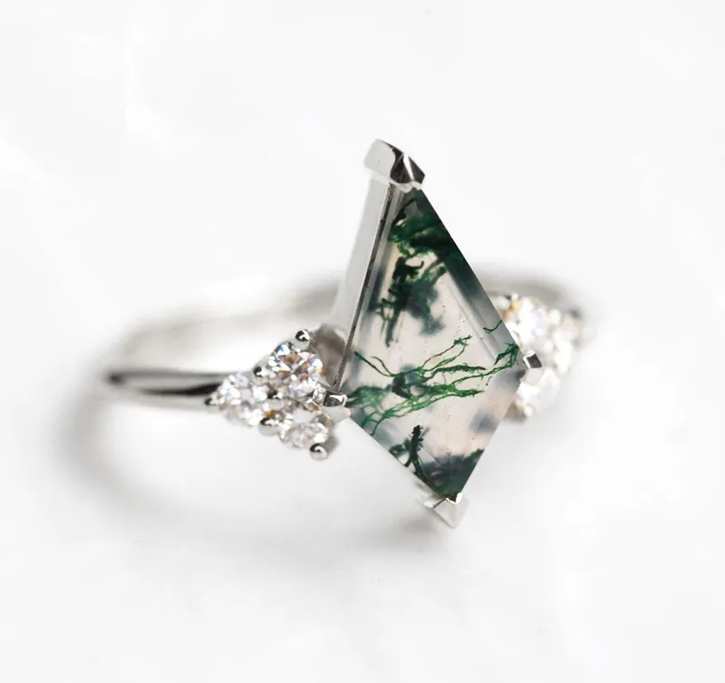Dawn Moss Agate Ring With Accent Diamonds vy 11
