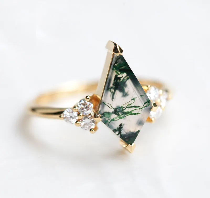 Dawn Moss Agate Ring With Accent Diamonds vy 2