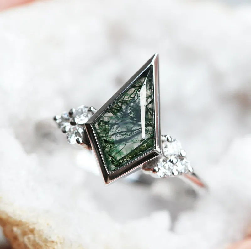 Dawn Moss Agate Ring With Accent Diamonds vy 3