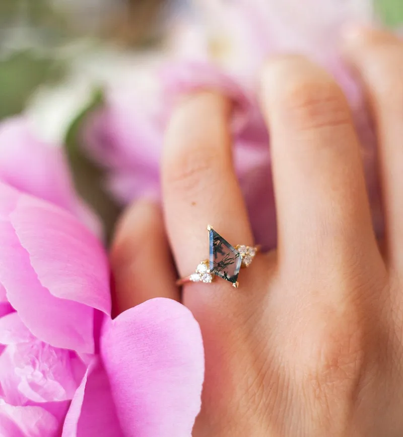 Dawn Moss Agate Ring With Accent Diamonds vy 4