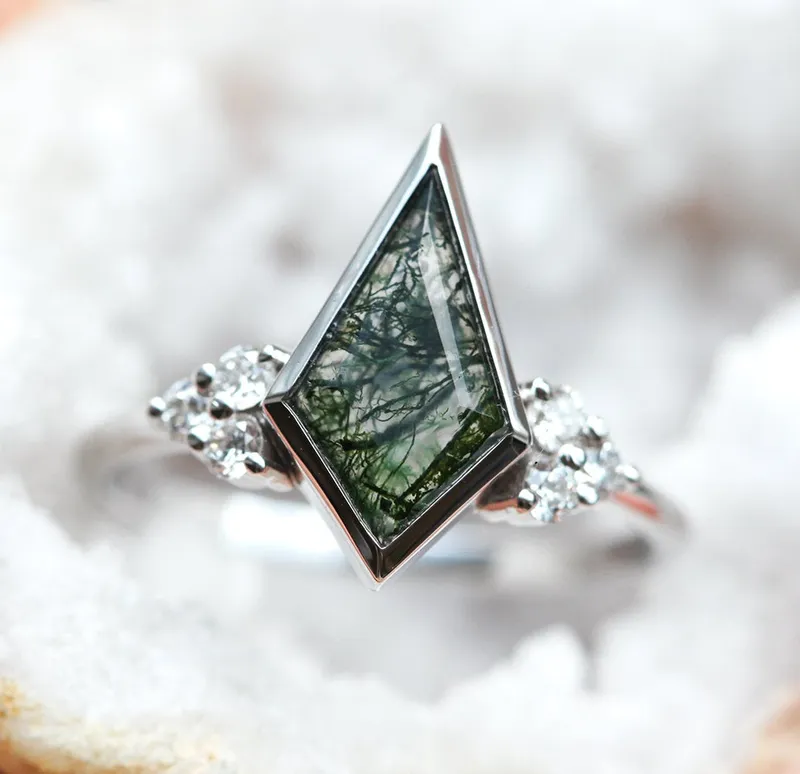 Dawn Moss Agate Ring With Accent Diamonds vy 5