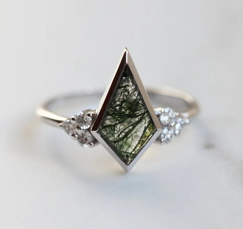Dawn Moss Agate Ring With Accent Diamonds vy 6