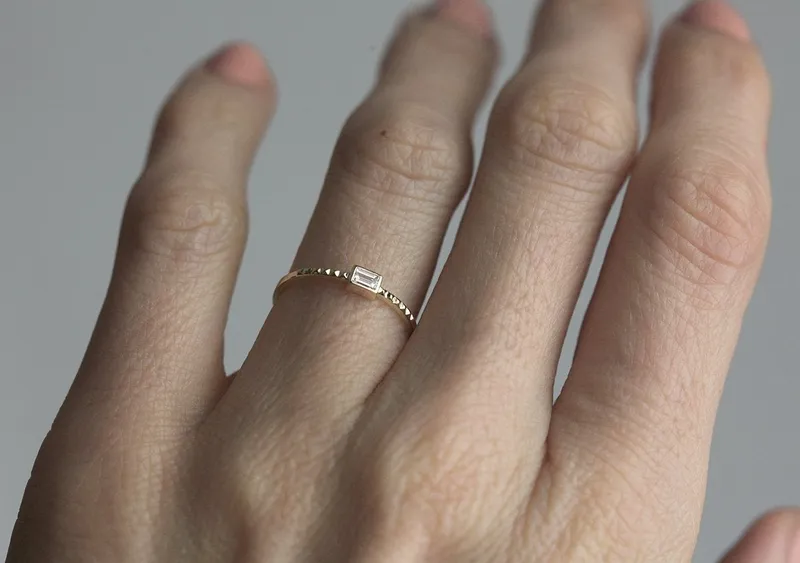 DELICATE BAGUETTE DIAMOND RING YELLOW GOLD BAND view 3