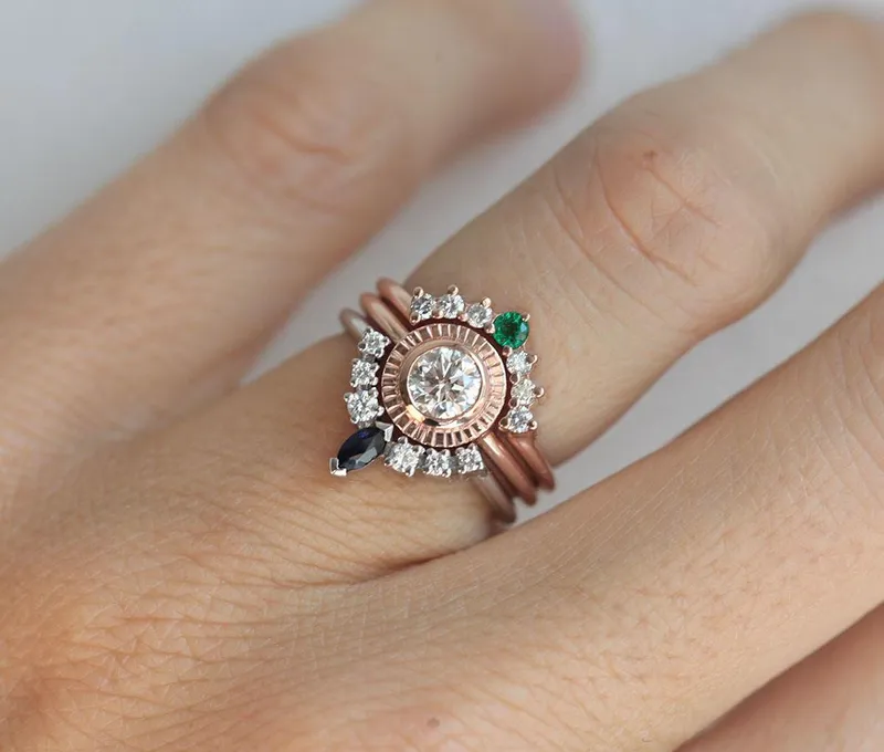 Diamond & Emerald Engagement Ring Set view 6