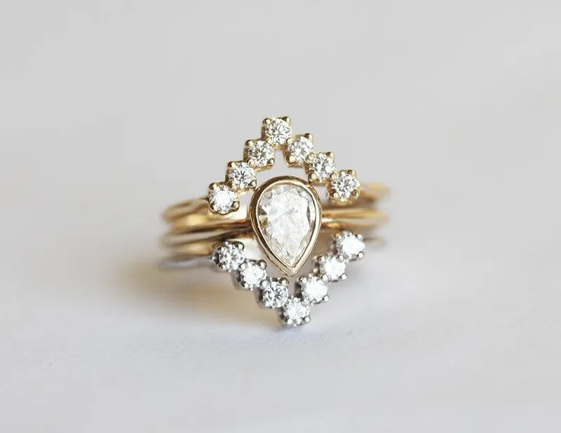Diamond & Gold Engagement Set With Matching Chevron Rings view 2
