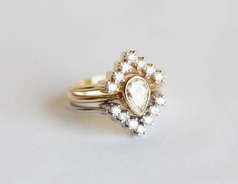 Diamond & Gold Engagement Set With Matching Chevron Rings view 5