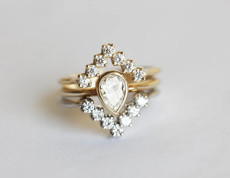 Diamond & Gold Engagement Set With Matching Chevron Rings diamond pear cut engagement ring