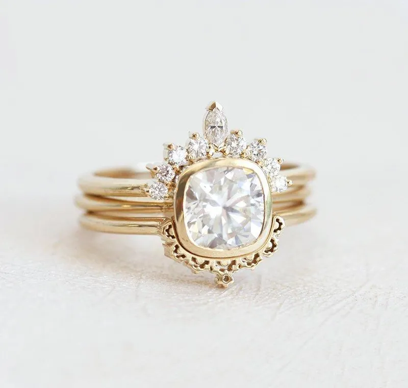 Diamond Ring, Moissanite Ring Set cushion cut engagement ring