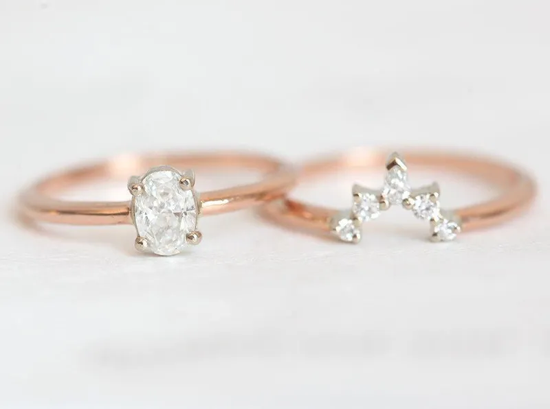 Diamond Ring Set, 14K Rose Gold Wedding Ring vy 4