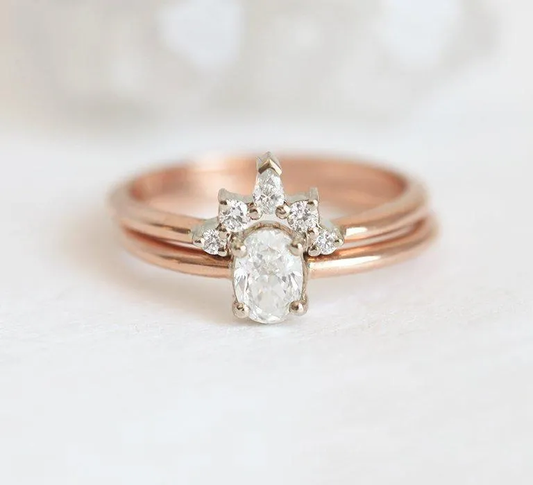 Diamond Ring Set, 14K Rose Gold Wedding Ring diamond oval cut engagement ring
