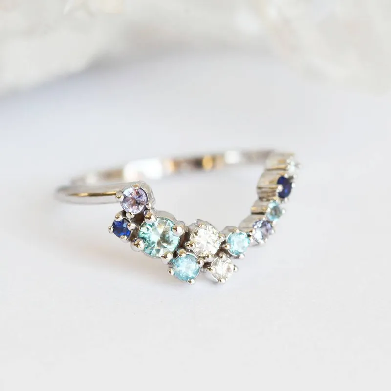 Diamond, Sapphire & Aquamarine Stacking Cluster Ring vy 2