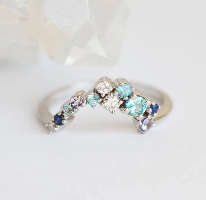 Diamond, Sapphire & Aquamarine Stacking Cluster Ring vy 3
