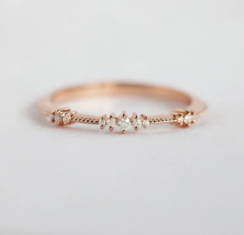 DIAMOND WEDDING BAND, DELICATE ROSE GOLD DIAMOND WEDDING RING, CLUSTERED DIAMOND RING view 3